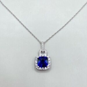 Sterling Silver Blue Cubic Zirconia Halo Square Pendant Necklace
